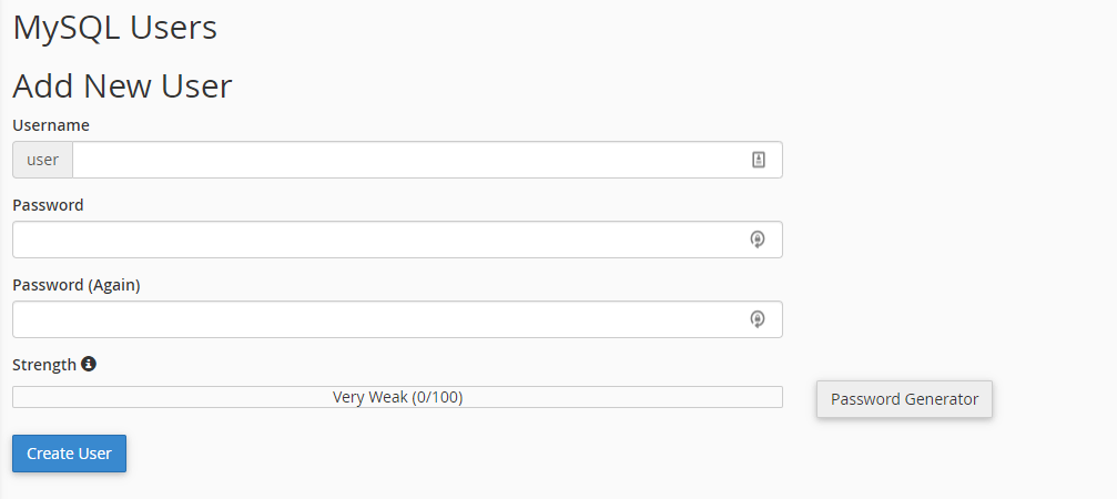 The Add New User fields on cPanel's MySQL Users screen