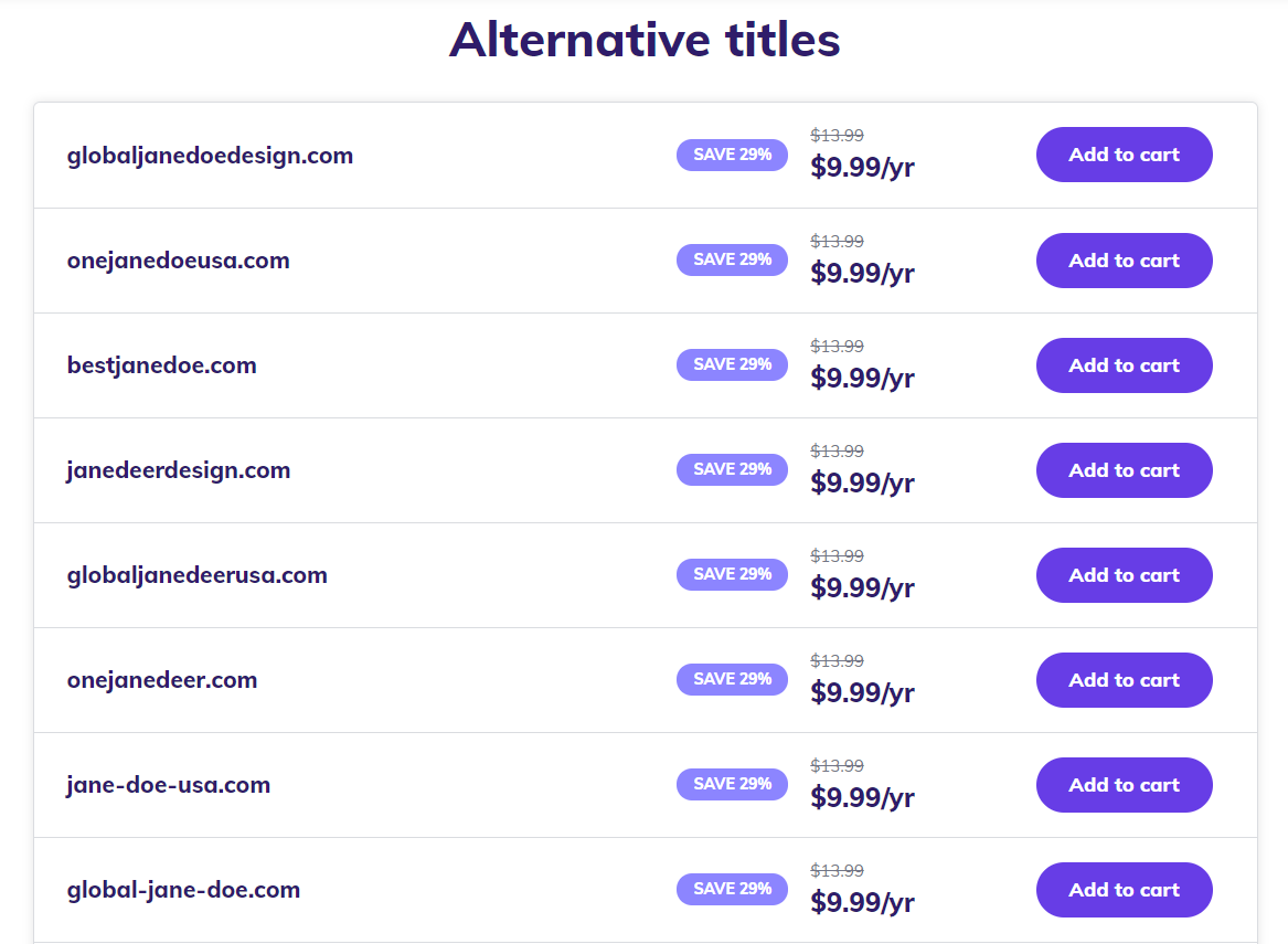 Screenshot of domain name alternative titles.
