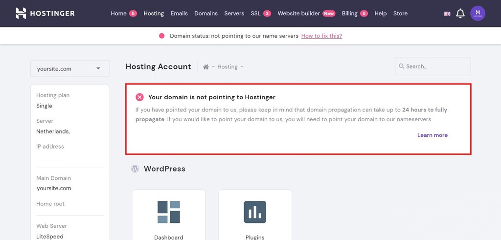 hPanel notification: Your domain is not pointing to Hostinger