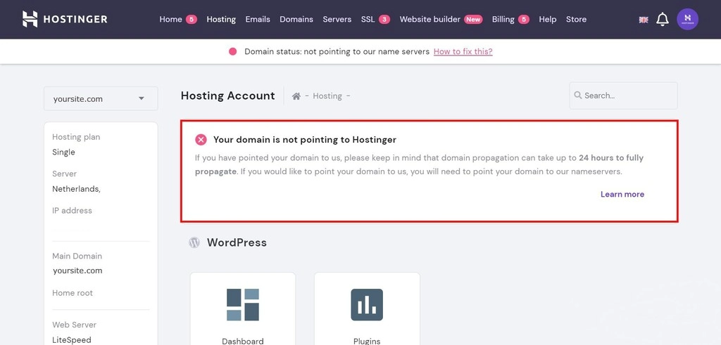 hPanel notification: Your domain is not pointing to Hostinger