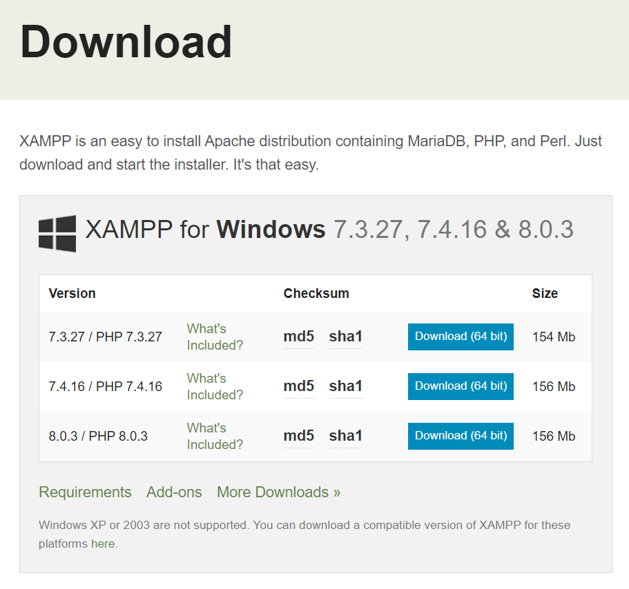 Latest XAMPP versions to download