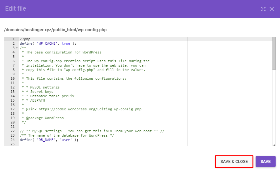 Editing wp-config.php via Hostinger’s File Manager.
