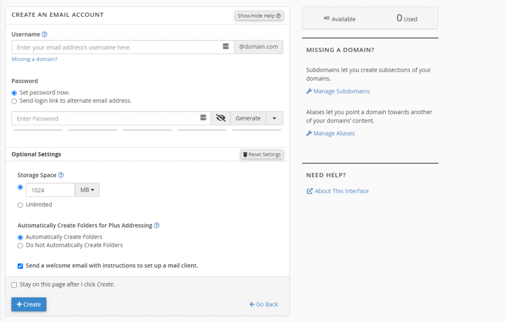 The Create an Email Account window on cPanel