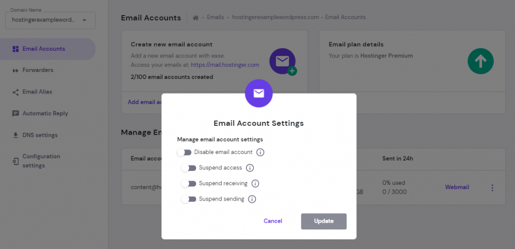 Temporarily disabling the email account in the email account settings
