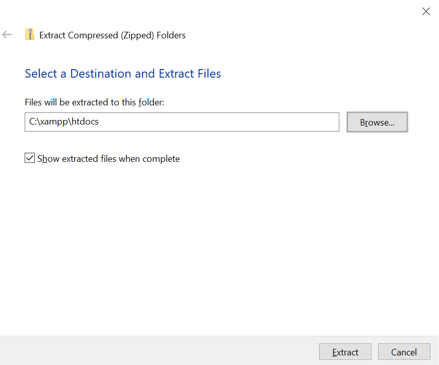 Selecting a destination to extract Moodle files