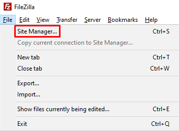 Site Manager on FileZilla