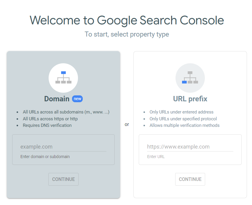 Selecting Domain as the property type on Google Search Console