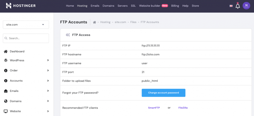 FTP Accounts on hPanel.
