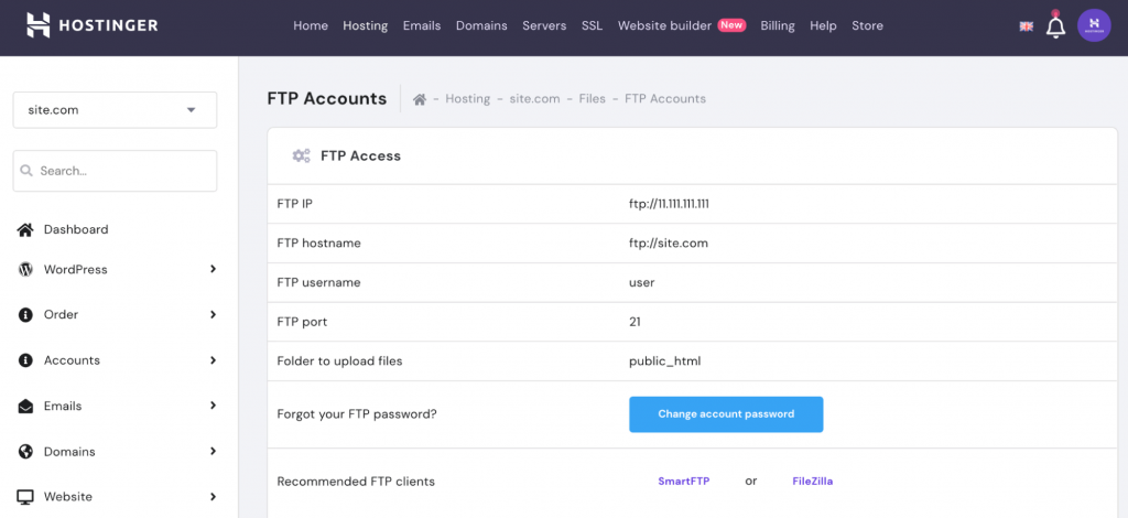 FTP Accounts on hPanel.
