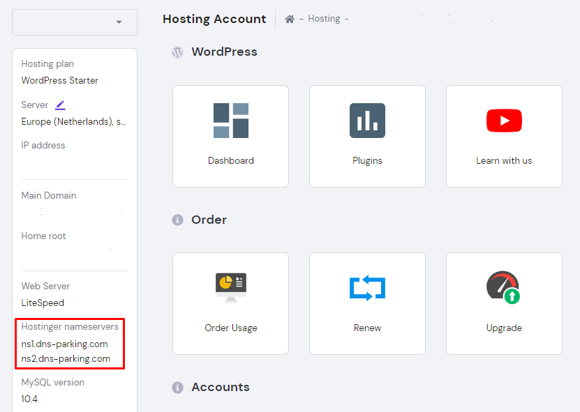 Screenshot of Hostinger nameservers on hPanel.