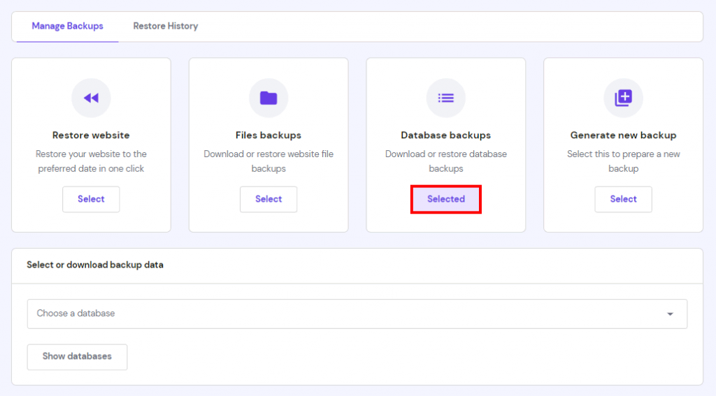 hPanel database backups feature