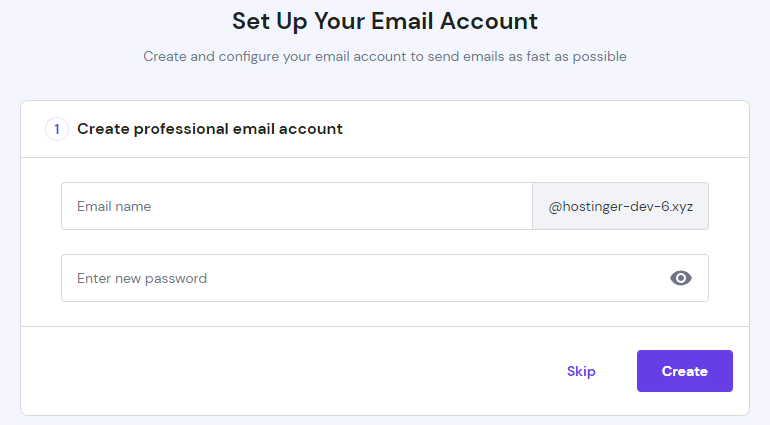 The Set Up Your Email Account form on hPanel