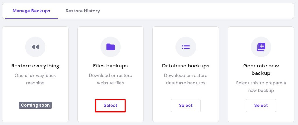 Select Files backups on hPanel