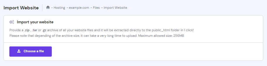 The import website page on hPanel