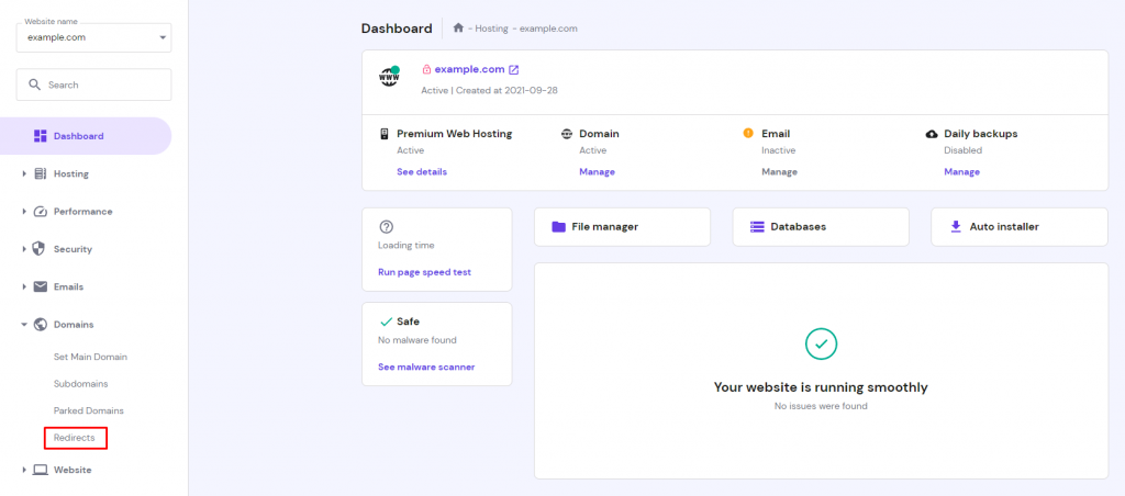 hPanel dashboard interface with the Redirects menu highlighted