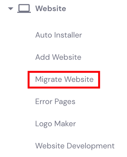 The Migrate Website button on hPanel