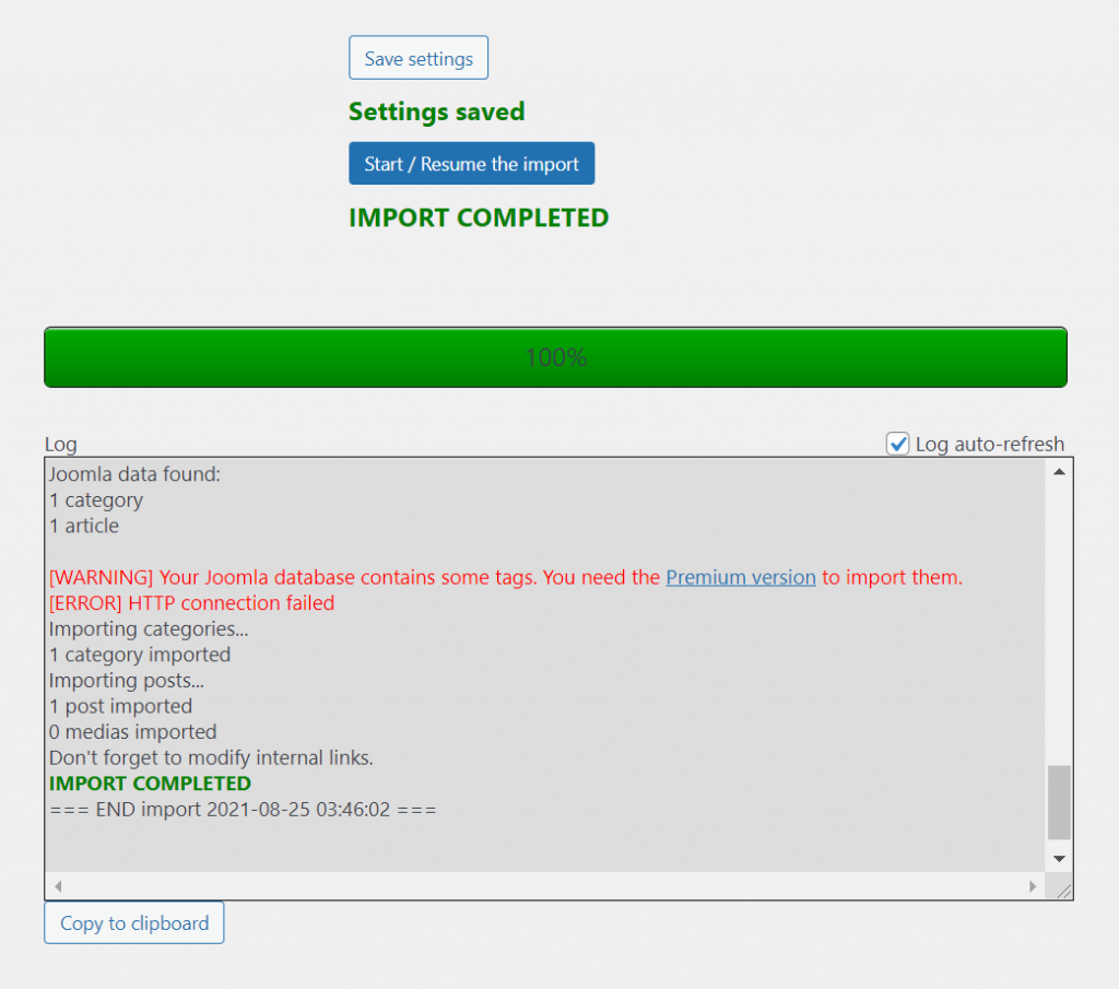 Joomla to WordPress import completed