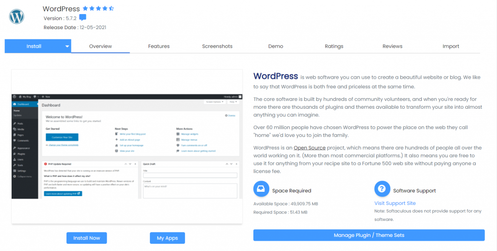 The WordPress installer page on cPanel via Softaculous Apps Installer