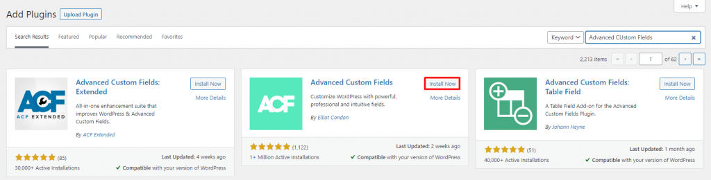 Add plugins section, highlighting the Install Now button next to the ACF plugin