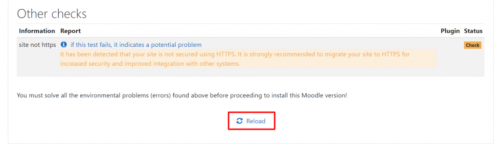 Returning to the Moodle installation page and clicking the reload button