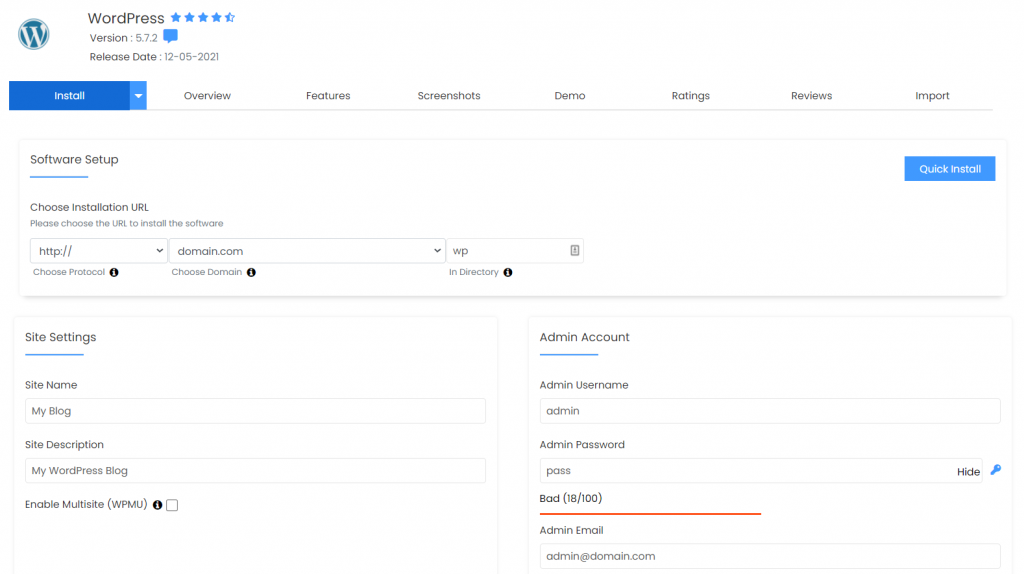 The Software Setup and Site Settings screens when installing WordPress using the Softaculous Apps Installer on cPanel