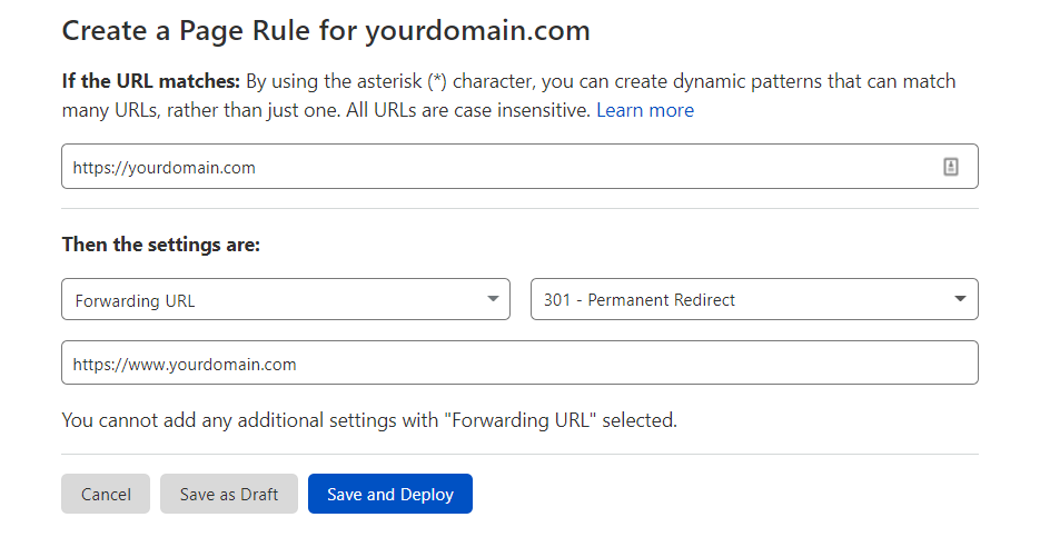 Creating a page rule on Cloudflare