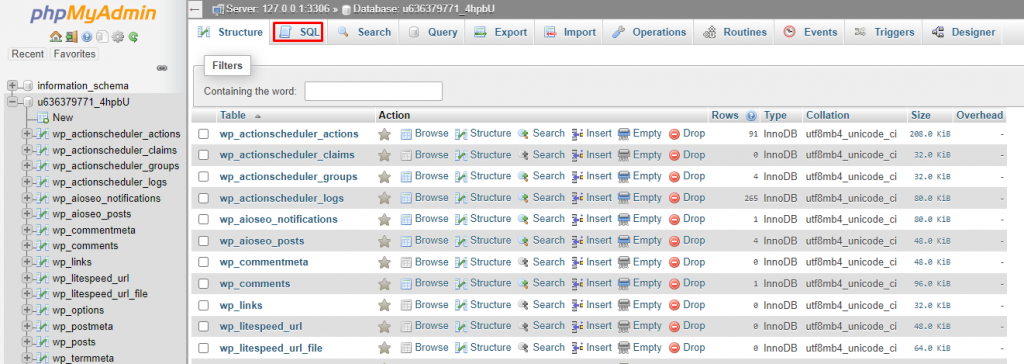 Choosing the SQL tab of your database on phpMyAdmin.