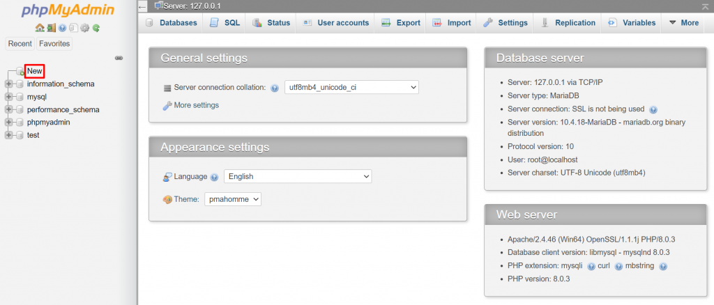 Clicking New from the left sidebar menu on phpMyAdmin