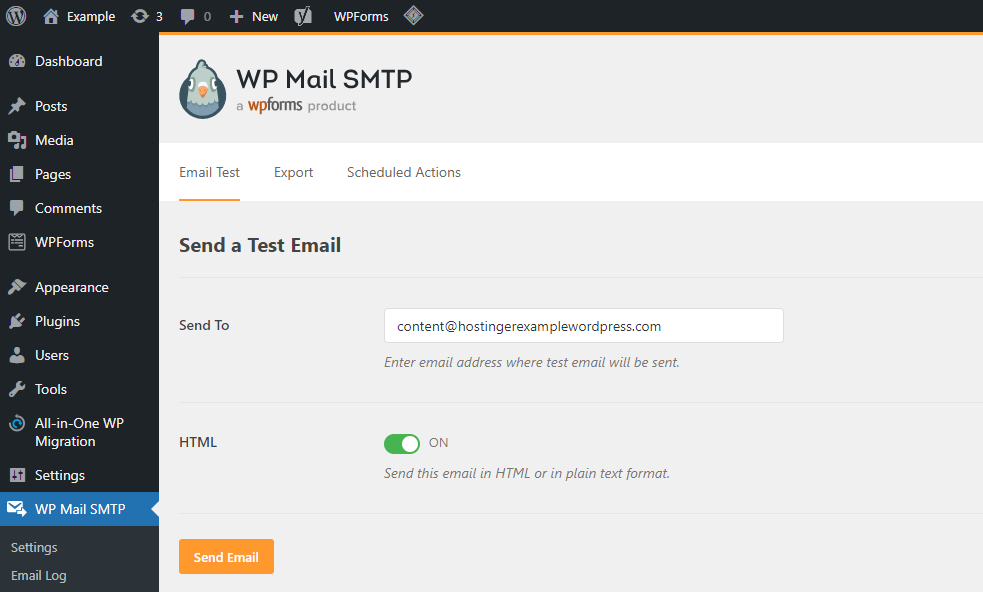 Opening the Email Test tab in the WP Mail SMTP settings