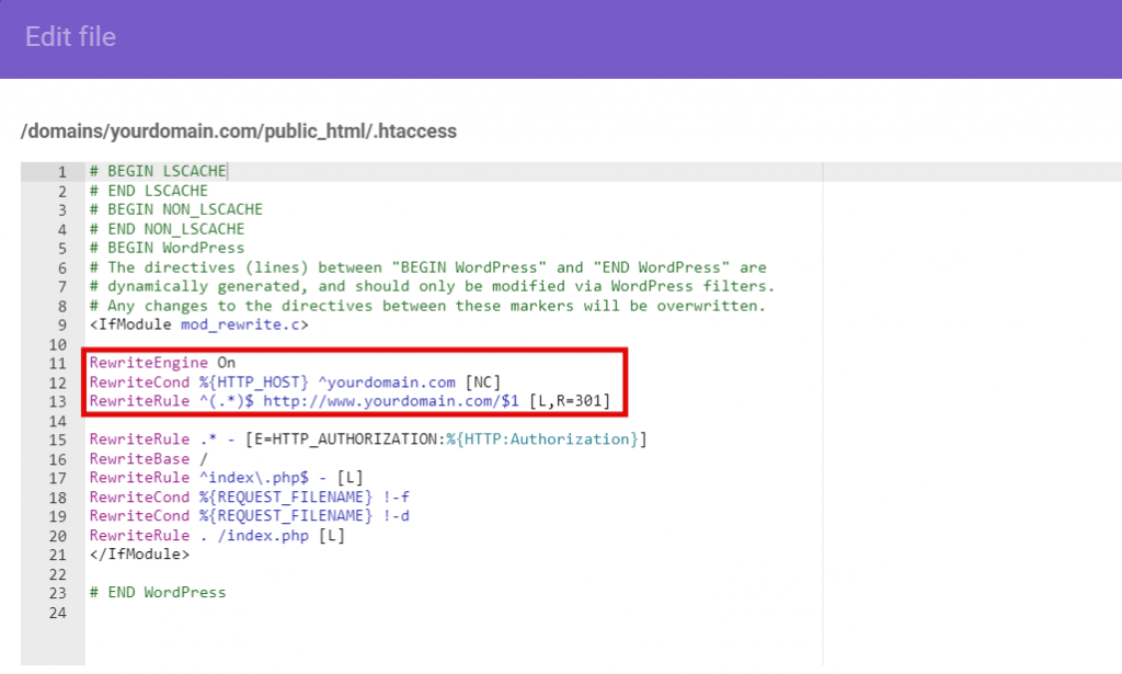 Redirect the code snippet on the .htaccess file