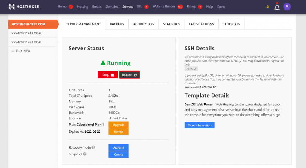 Server Management page, highlighting the Reboot button