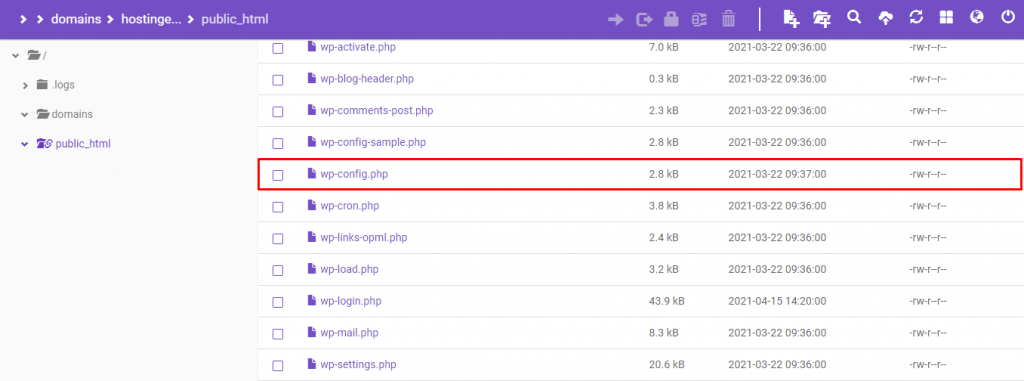 The wp-config.php file in the /public_html directory on hPanel