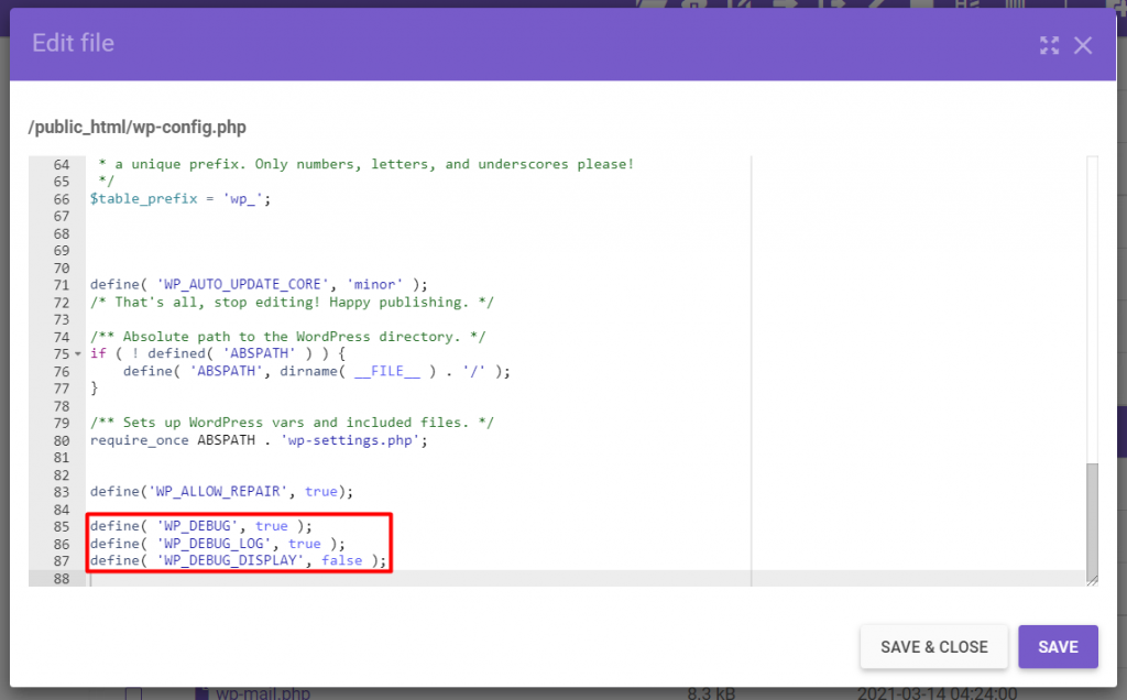 wp-config.php file, highlighting the wp_debug code snippet