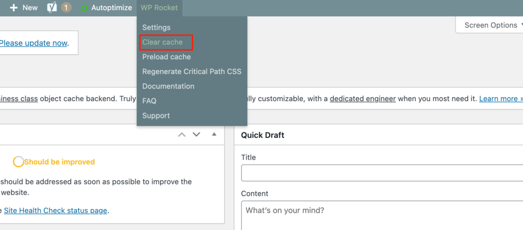 Clear cache button on WP Rocket
