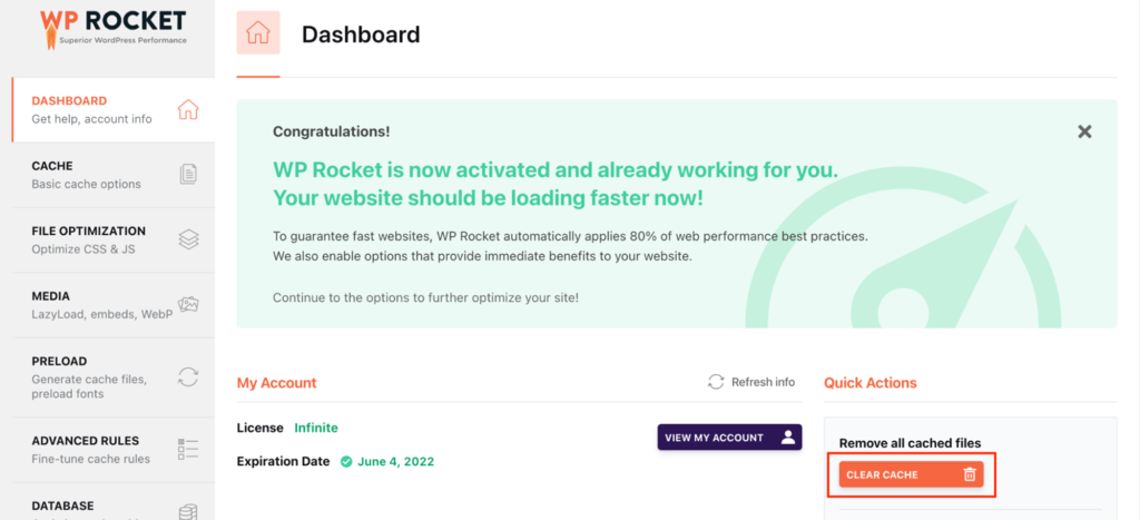 WP Rocket plugin's dashboard