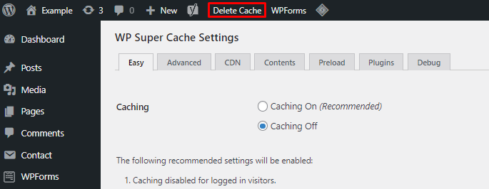 The WordPress tool bar showing where to click WP Super Cache's Delete cache button