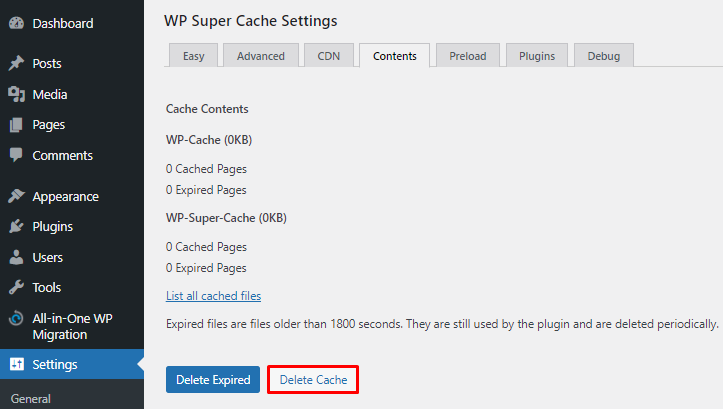 Settings in the WordPress dashboard showing how to delete all the cached files using WP Super Cache settings