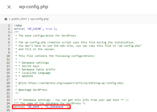 Check WordPress database name in wp-config.php file.