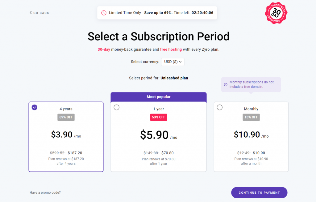 Screenshot of Selecting a Subscription Period on Zyro