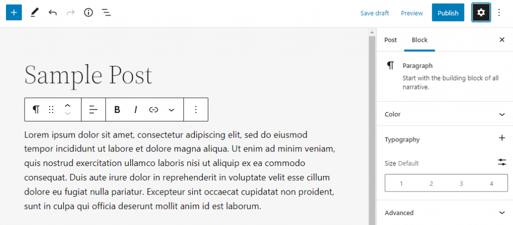 Block settings on the editor