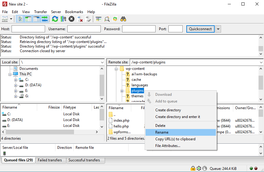 Renaming the plugins folder using FileZilla.