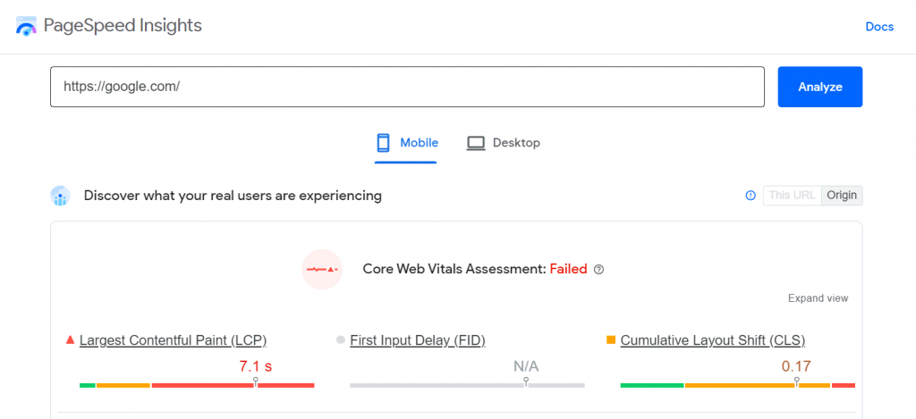 Screenshot of Google PageSpeed Insights tool.