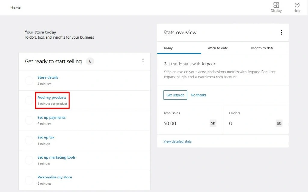 Clicking on the Add my products option in WooCommerce