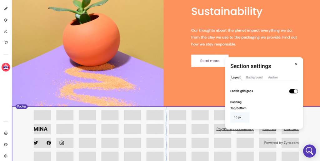 A grid layout and section settings to customize your website's footer