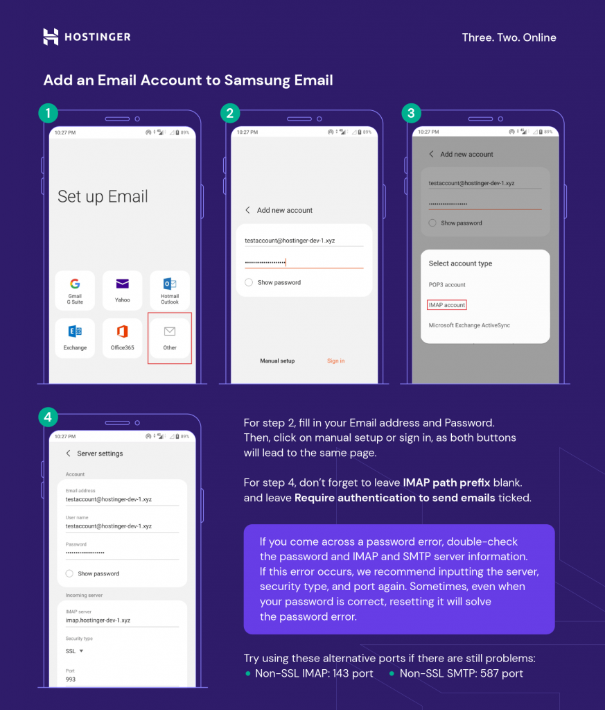 A grid compilation for steps 1 to 4 on how to add an email account to Samsung Email
