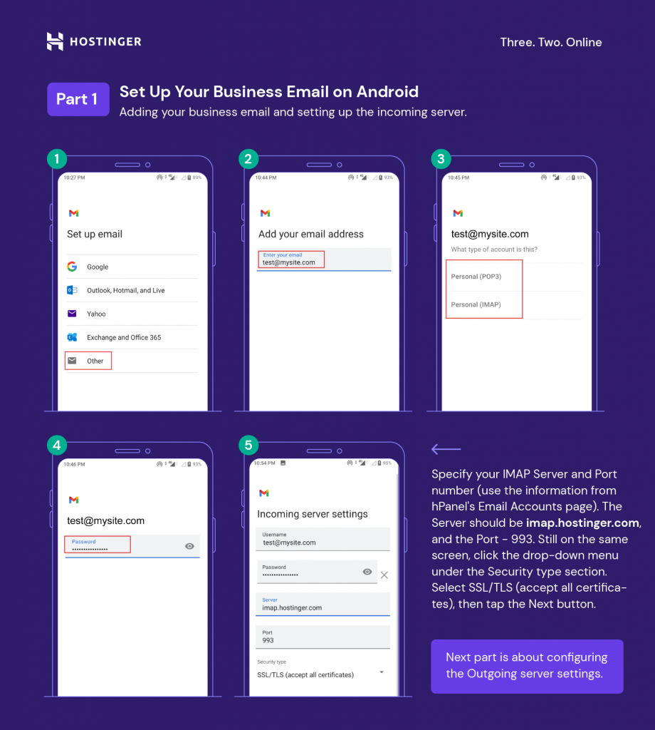 A grid compilation for steps 1 to 5 on how to set up a business email on Android
