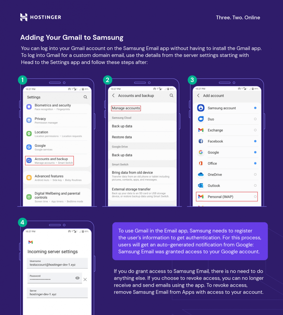 A grid compilation for steps 1 to 4 on how to add Gmail to Samsung