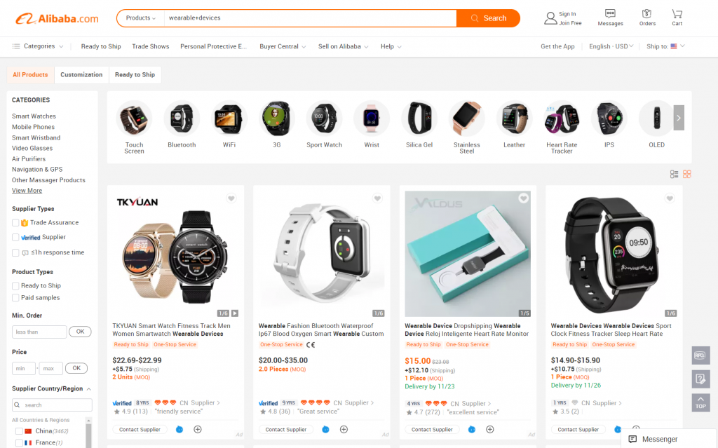 Wearable devices section on Alibaba.com