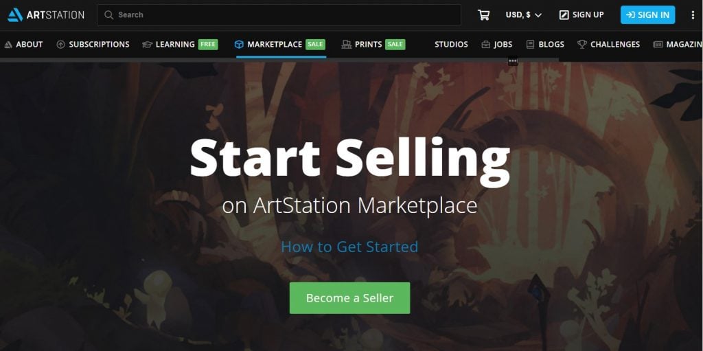 The Start Selling on ArtStation Marketplace page on the ArtStation website.