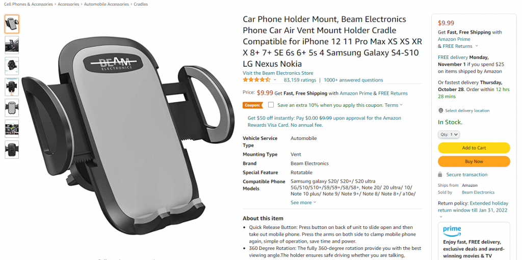 Beams Electronics's car phone holder on Amazon